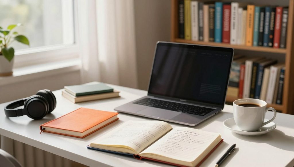 A cozy home office setting, showcasing a neatly arranged desk with a sleek laptop, vibrant notebook, and a cup of coffee. In the foreground, an open notebook displays hand-written podcast notes, while a pair of modern headphones sits nearby. The middle ground features a large bookshelf filled with colorful self-help and personal growth books. In the background, soft natural light streams through a window with sheer curtains, casting a warm glow across the workspace, creating a welcoming atmosphere. A plant in the corner adds a touch of life to the scene. The overall mood is inspirational and focused, conveying a sense of personal growth and reflection.