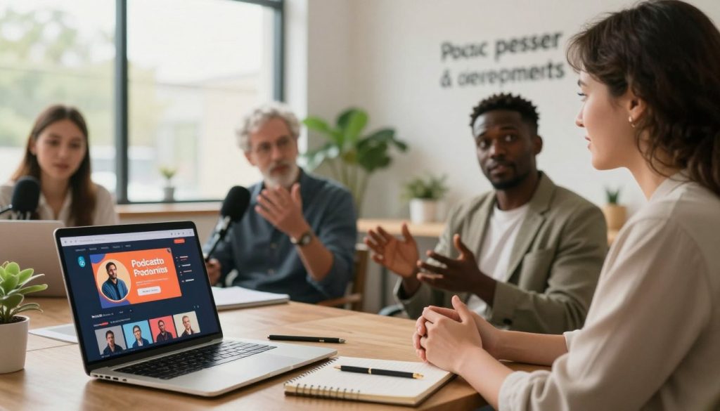 A cozy, modern workspace decorated with inspirational quotes and plants, representing personal growth. In the foreground, a laptop open displaying a vibrant podcast interface. To the side, a notepad and pen, symbolizing learning and reflection. In the middle, a diverse group of three individuals, dressed in professional business attire, engaged in a deep discussion about personal development; one is speaking animatedly while the others listen attentively. The background features a large window with natural light streaming in, creating a warm and inviting atmosphere. Soft bokeh effects in the background enhance the focus on the group and the podcast elements, conveying a sense of motivation and connection. The overall mood is uplifting and inspirational, with an emphasis on the importance of collaboration and sharing knowledge through podcasts.