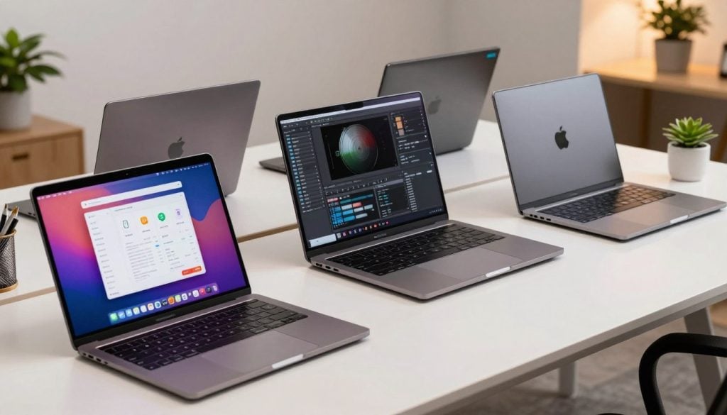 A modern workspace featuring various laptops tailored for different work styles. In the foreground, show a sleek, ultra-lightweight laptop designed for on-the-go professionals, with a vibrant screen displaying productivity apps. In the middle, depict a high-performance laptop with a customizable keyboard and dual screens for creative workers, showcasing design software. In the background, illustrate a durable, rugged laptop intended for fieldwork with a chrome finish, emphasizing versatility. Soft, ambient lighting brightens the scene, enhancing the sleek design of the devices. The atmosphere is inspiring and energetic, reflecting a mix of innovation and professionalism. The workspace should have an organized, minimalistic style, with elegant office plants softly lit to create a calming environment. No text or watermarks are present. A modern workspace featuring various laptops tailored for different work styles. In the foreground, show a sleek, ultra-lightweight laptop designed for on-the-go professionals, with a vibrant screen displaying productivity apps. In the middle, depict a high-performance laptop with a customizable keyboard and dual screens for creative workers, showcasing design software. In the background, illustrate a durable, rugged laptop intended for fieldwork with a chrome finish, emphasizing versatility. Soft, ambient lighting brightens the scene, enhancing the sleek design of the devices. The atmosphere is inspiring and energetic, reflecting a mix of innovation and professionalism. The workspace should have an organized, minimalistic style, with elegant office plants softly lit to create a calming environment. No text or watermarks are present.