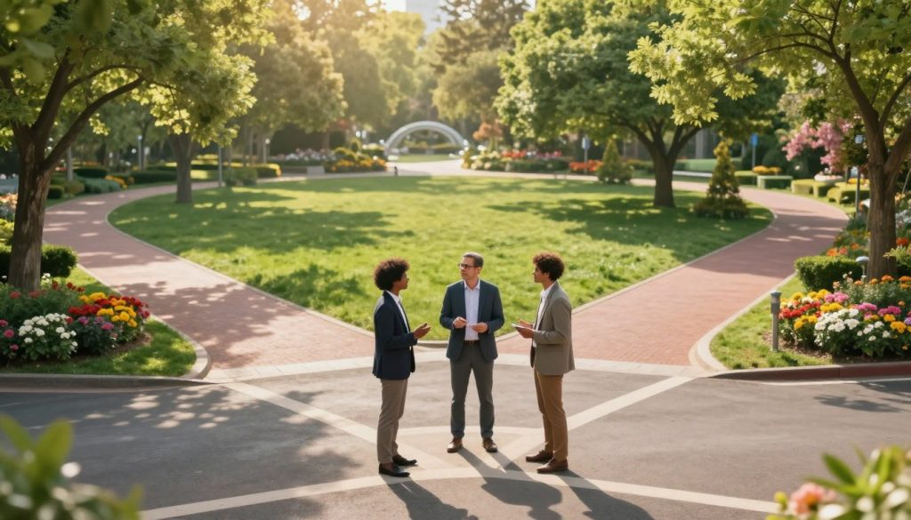 A serene intersection symbolizing personal growth, surrounded by lush green trees and blooming flowers. In the foreground, a diverse group of three individuals—one wearing professional business attire, another in smart casual clothing, and the third in comfortable yet stylish outfits—stand at the crossroads, discussing and exchanging ideas. The middle ground features vibrant pathways converging into one, representing various journeys of personal development. In the background, soft sunlight filters through the leaves, casting a warm and inviting glow over the scene. The angle is slightly elevated, providing a clear view of the intersection, while the overall mood is uplifting and inspiring, invoking a sense of possibility and collaborative growth.