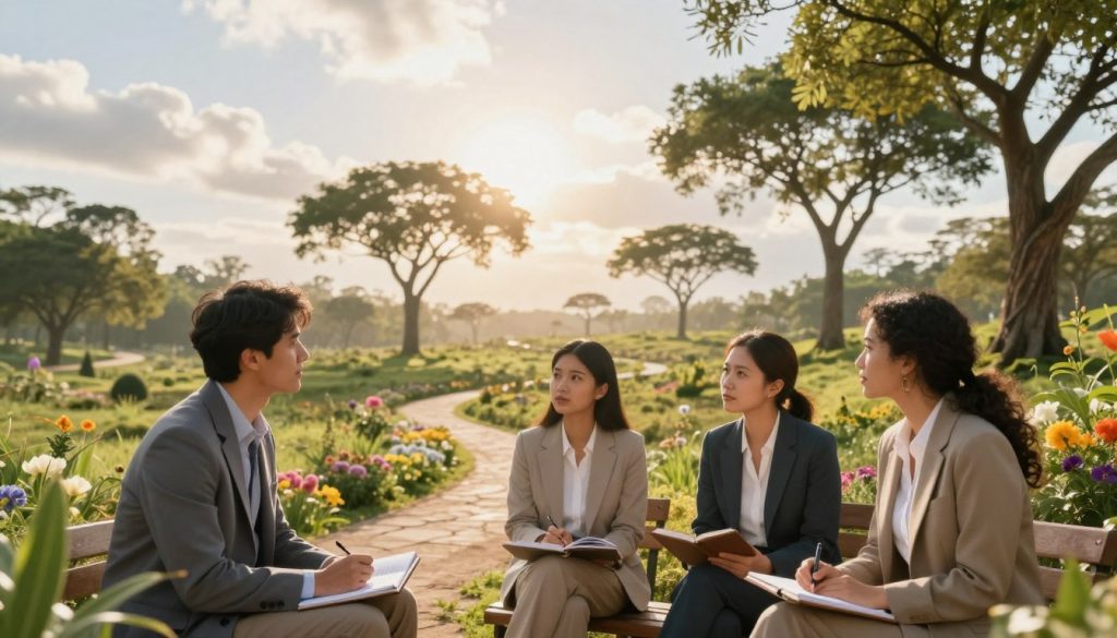 A serene landscape symbolizing personal growth; in the foreground, a diverse group of three individuals—one man and two women—of varying ethnicities, dressed in professional business attire, engaged in thoughtful discussion, surrounded by notebooks and plants. In the middle, a gently winding path lined with blooming flowers, symbolizing the journey of growth. The background features towering, airy trees reaching towards a bright, uplifting sky filled with soft clouds, evoking a sense of optimism and hope. The scene is bathed in warm, golden sunlight, creating a calm, inspiring atmosphere. Use a wide-angle lens to capture the expansive landscape while focusing on the group in the foreground, highlighting their expressions of determination and collaboration.