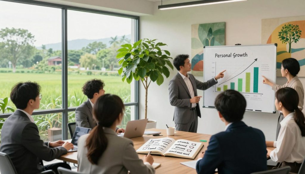 A serene, modern office space filled with natural light, featuring a large window overlooking a lush green landscape symbolizing growth. In the foreground, a diverse group of professionals in business attire, engaged in an inspiring discussion, pointing at visually appealing growth charts and positive imagery. In the middle ground, a large indoor plant representing natural growth and vitality, alongside an open notebook filled with handwritten affirmations and synonyms for "personal growth." The background features abstract art on the walls that embodies optimism and transformation through growth-oriented language, with warm, inviting lighting that enhances the uplifting and motivational atmosphere. The angle captures both the group and the environment to reflect collaboration and inspiration, conveying a sense of hope and potential.