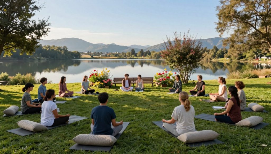 A serene outdoor personal growth retreat setting, featuring a diverse group of individuals in modest casual clothing engaged in meditation and discussion. In the foreground, a lush green lawn with yoga mats and cushions. The middle ground shows a couple of wooden benches surrounded by blooming flowers and trees, where participants are sharing their experiences. In the background, a tranquil lake reflects the clear blue sky and distant mountains, enhancing the peaceful atmosphere. Soft, warm natural lighting bathes the scene, creating a welcoming and inspiring ambiance. The composition is captured with a wide-angle lens to showcase the retreat's expansive beauty, evoking a sense of serenity, connection, and personal transformation.