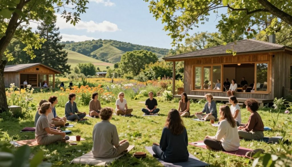 A serene self-development retreat set in a tranquil natural environment. In the foreground, a diverse group of individuals in modest casual clothing engage in thoughtful discussions and mindfulness exercises, sitting on comfortable mats surrounded by lush greenery. The middle ground features wooden structures with large windows that blend harmoniously with nature, where workshops are taking place. In the background, gentle hills with vibrant wildflowers and a clear blue sky create a peaceful atmosphere. Soft, warm sunlight filters through the trees, illuminating the scene and casting gentle shadows. The overall mood is calm and inspiring, evoking a sense of personal growth and connection with nature. The angle is slightly elevated to capture both the participants' interactions and the beautiful landscape.