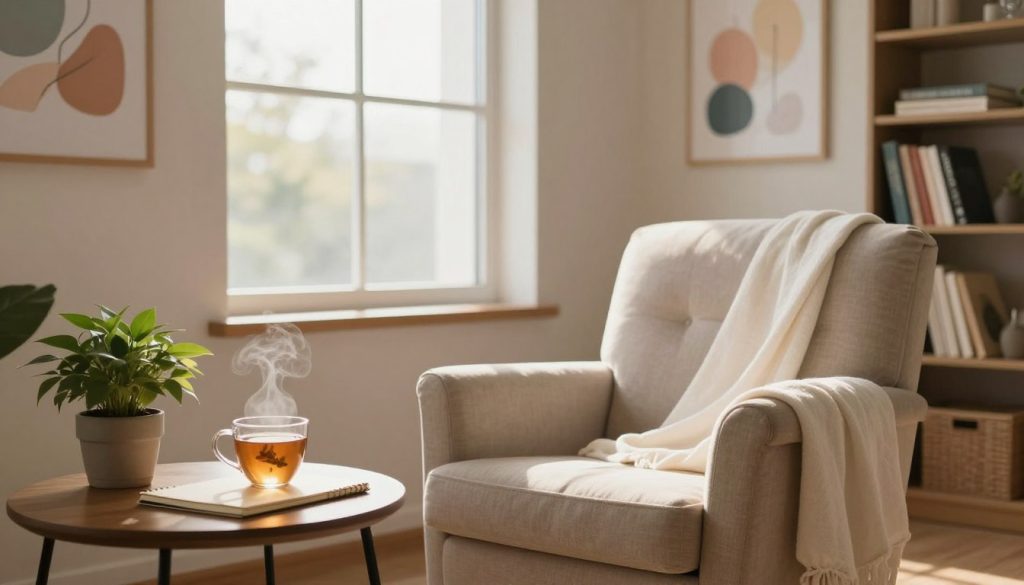 A serene therapy room designed for self-improvement sessions, with a cozy armchair positioned in the foreground draped in soft, calming fabrics. A small table holds a notepad and a steaming cup of herbal tea beside a potted plant for a touch of nature. In the middle, a large window allows natural light to flood in, casting a warm glow across the room. On the walls, motivational artwork featuring abstract designs in soft colors enhances the atmosphere. In the background, a bookshelf filled with personal development books emphasizes the theme of growth. The overall mood is peaceful and inspiring, inviting reflection and personal transformation. The lighting is soft and diffused, suggesting a late afternoon setting, with a focus on creating a nurturing environment conducive to mindset coaching. No people are present in the image.