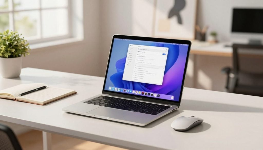 A sleek Apple MacBook Pro M3 Max centered on a modern, elegant workspace. The foreground features the laptop, open to display its vibrant retina display showcasing productivity software. Beside it, a stylish wireless mouse and a notepad with organized notes add to the professional setting. In the middle ground, a clean desk with a minimalistic design, surrounded by soft-focus elements like a potted plant and an inspirational art piece, enhances the atmosphere of creativity and focus. The background features a bright office space with natural light streaming in through large windows, casting soft shadows. Use warm, inviting lighting to create an atmosphere of productivity and innovation. Capture this scene from a slightly elevated angle to emphasize the sleek design of the MacBook, maintaining a professional mood suitable for a tech enthusiast. A sleek Apple MacBook Pro M3 Max centered on a modern, elegant workspace. The foreground features the laptop, open to display its vibrant retina display showcasing productivity software. Beside it, a stylish wireless mouse and a notepad with organized notes add to the professional setting. In the middle ground, a clean desk with a minimalistic design, surrounded by soft-focus elements like a potted plant and an inspirational art piece, enhances the atmosphere of creativity and focus. The background features a bright office space with natural light streaming in through large windows, casting soft shadows. Use warm, inviting lighting to create an atmosphere of productivity and innovation. Capture this scene from a slightly elevated angle to emphasize the sleek design of the MacBook, maintaining a professional mood suitable for a tech enthusiast.