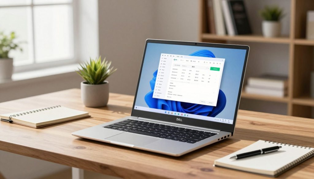 A sleek Dell XPS 17 laptop sits on a modern wooden desk, its stunning InfinityEdge display illuminated by soft, natural light streaming through a nearby window. The foreground features the laptop open, showcasing its vibrant screen filled with productivity-enhancing applications. A stylish, minimalistic office setup surrounds it, including a notepad and a high-quality pen nearby, hinting at a focused work environment. In the background, a well-organized bookshelf and a small indoor plant add a touch of sophistication. The composition is shot at a slight angle to emphasize the laptop's design, with warm, inviting colors that create a professional yet comfortable atmosphere, ideal for productivity. The image captures a sense of innovation and efficiency without any distractions. A sleek Dell XPS 17 laptop sits on a modern wooden desk, its stunning InfinityEdge display illuminated by soft, natural light streaming through a nearby window. The foreground features the laptop open, showcasing its vibrant screen filled with productivity-enhancing applications. A stylish, minimalistic office setup surrounds it, including a notepad and a high-quality pen nearby, hinting at a focused work environment. In the background, a well-organized bookshelf and a small indoor plant add a touch of sophistication. The composition is shot at a slight angle to emphasize the laptop's design, with warm, inviting colors that create a professional yet comfortable atmosphere, ideal for productivity. The image captures a sense of innovation and efficiency without any distractions.