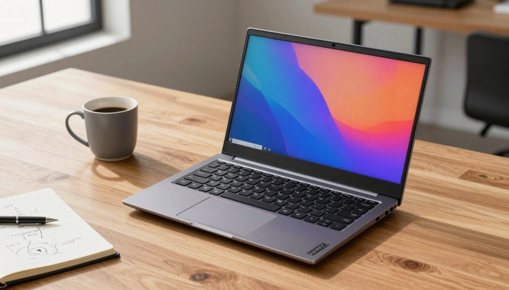 A sleek Lenovo ThinkPad X1 Carbon laptop is prominently displayed on a modern wooden desk, showcasing its slim profile and robust design. The laptop is open, revealing a high-resolution screen with vibrant colors against a minimalist office background. To the left, a stylish coffee cup sits beside a notepad filled with notes and sketches, enhancing the productive atmosphere. Soft, natural lighting streams in from a nearby window, casting gentle shadows and adding warmth to the scene. The view is captured from a slightly elevated angle, emphasizing the laptop’s keyboard and screen. The mood reflects focus and efficiency, perfect for a contemporary workspace that inspires productivity. A sleek Lenovo ThinkPad X1 Carbon laptop is prominently displayed on a modern wooden desk, showcasing its slim profile and robust design. The laptop is open, revealing a high-resolution screen with vibrant colors against a minimalist office background. To the left, a stylish coffee cup sits beside a notepad filled with notes and sketches, enhancing the productive atmosphere. Soft, natural lighting streams in from a nearby window, casting gentle shadows and adding warmth to the scene. The view is captured from a slightly elevated angle, emphasizing the laptop’s keyboard and screen. The mood reflects focus and efficiency, perfect for a contemporary workspace that inspires productivity.