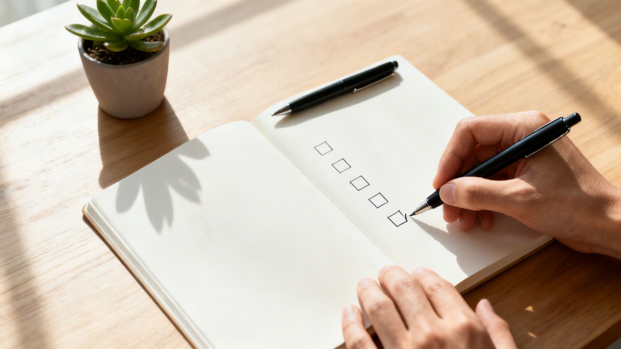 Hand checking off a box on a handwritten checklist in a notebook with a pen and plant.