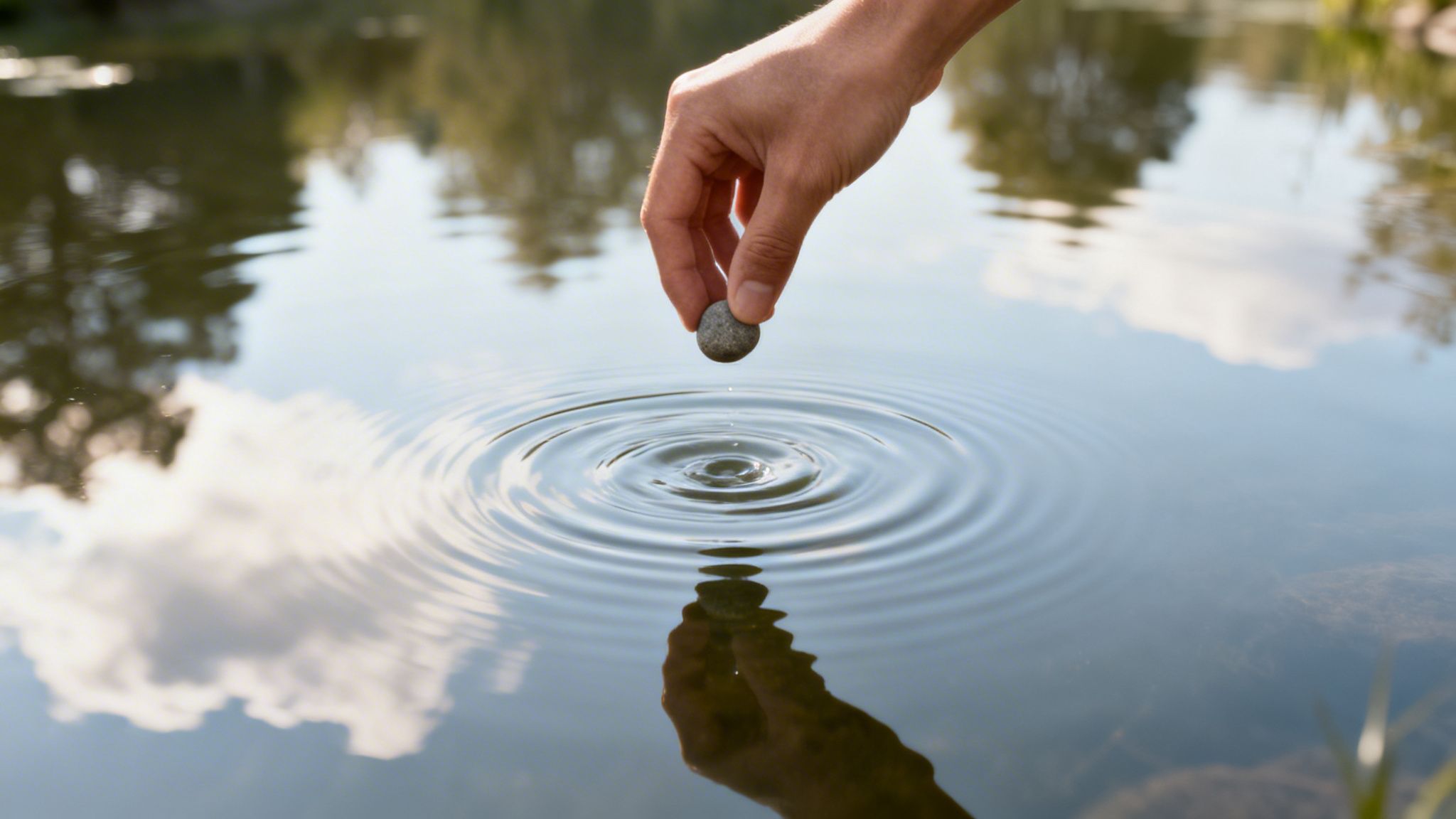 A hand drops a small pebble into calm water, creating concentric ripples and reflections.
