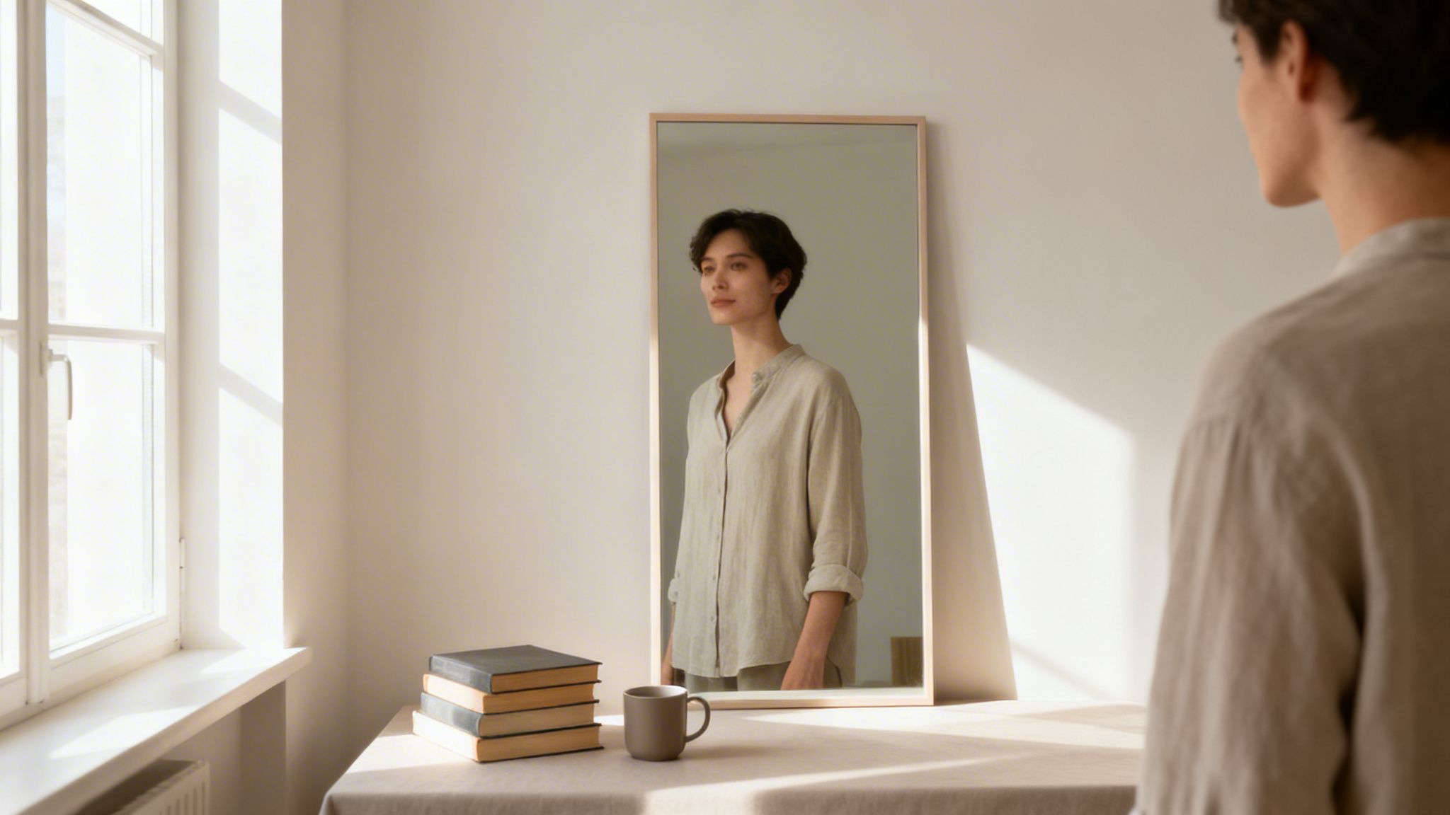 A person in a linen shirt looks at their reflection in a mirror, bathed in warm sunlight.
