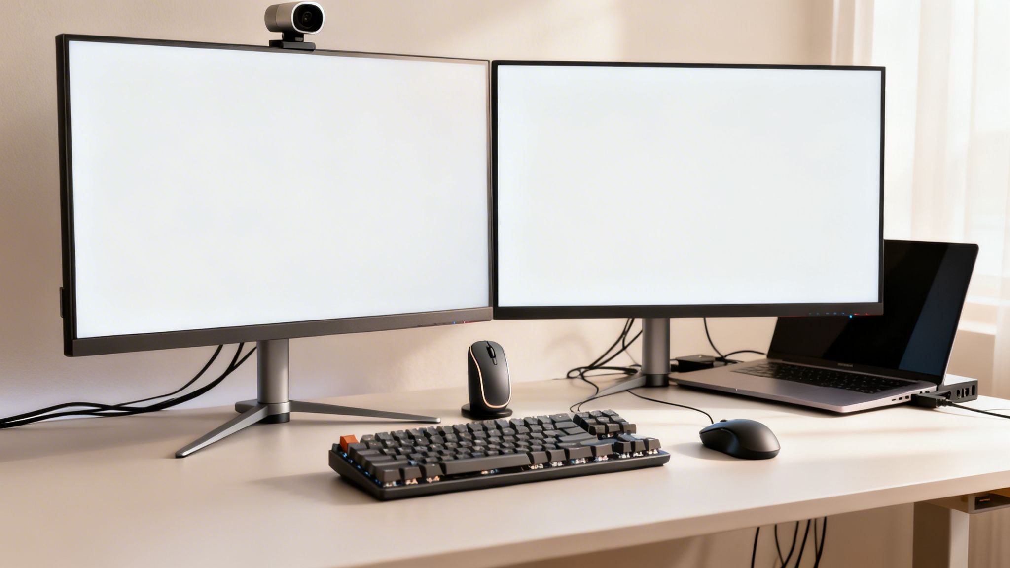 A modern home office setup with two white-screen monitors, a laptop, keyboard, mouse, and webcam on a desk.