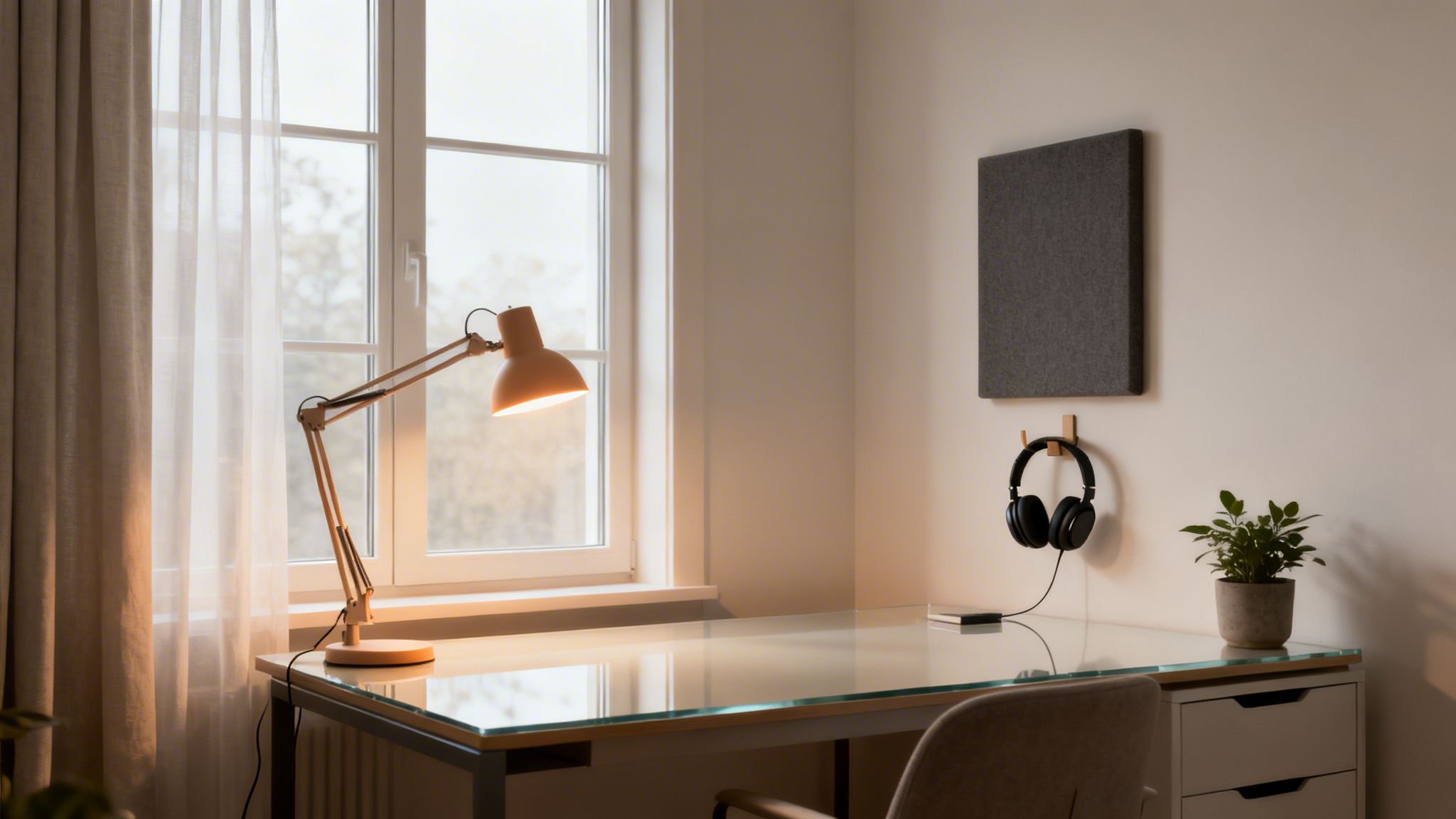 A bright and minimalist home office with a glass desk, desk lamp, headphones, and plant.