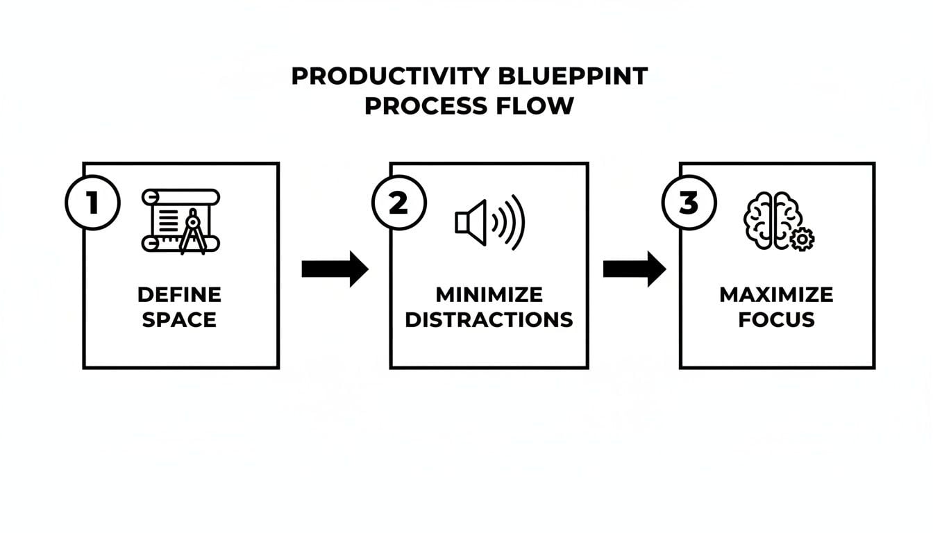 A three-step productivity blueprint process flow: Define Space, Minimize Distractions, Maximize Focus.