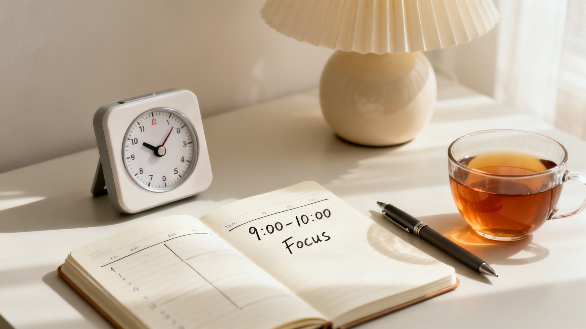 A minimalist desk setup with an analog clock, open notebook showing '9:00-10:00 Focus', a pen, and a cup of tea, bathed in sunlight.
