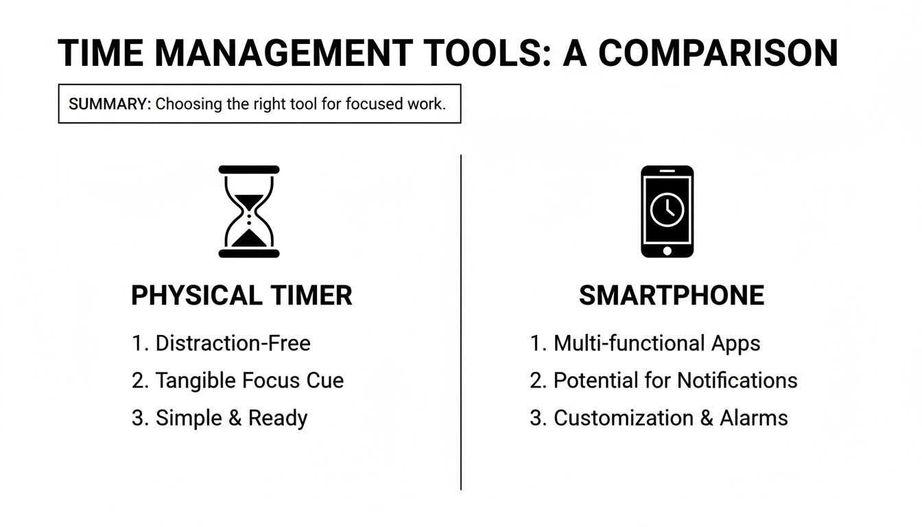Infographic comparing physical timers (distraction-free) and smartphones (multi-functional apps) for time management and focused work.