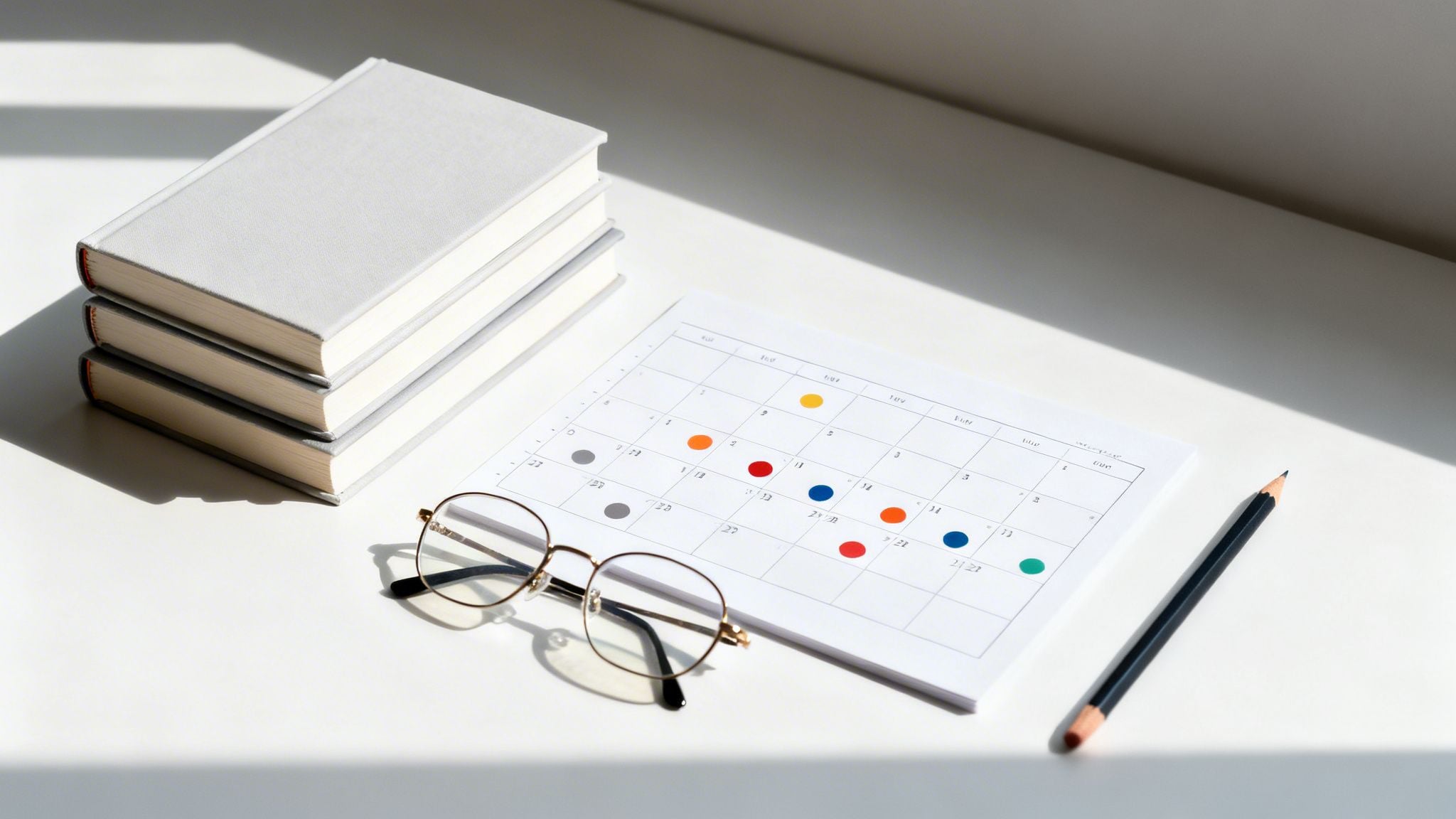 A stack of grey books, a calendar with colorful stickers, eyeglasses, and a pencil on a desk.