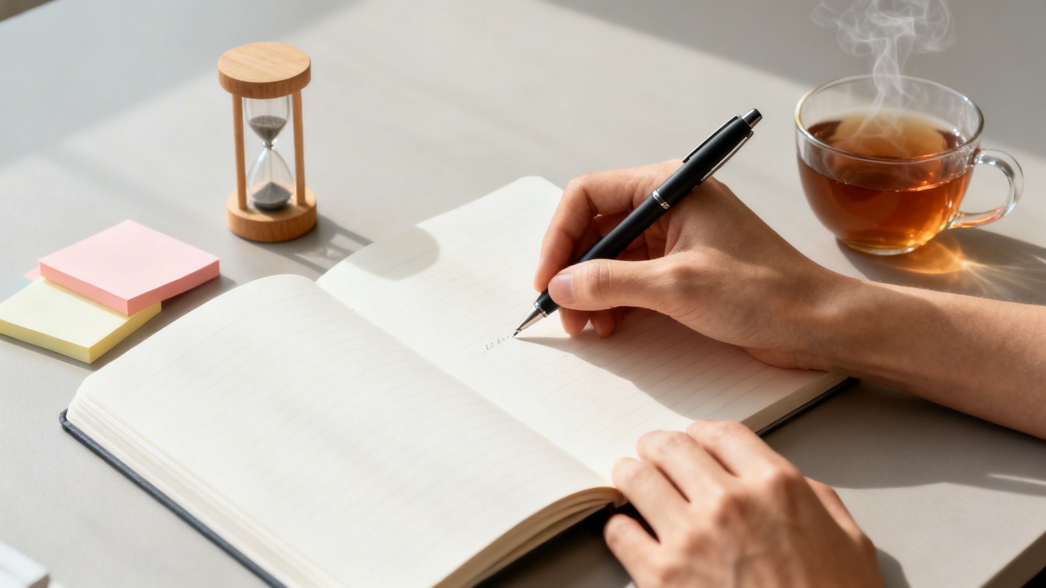 A person's hands writing in a lined notebook with a pen, beside an hourglass, sticky notes, and a steaming cup of tea on a desk.