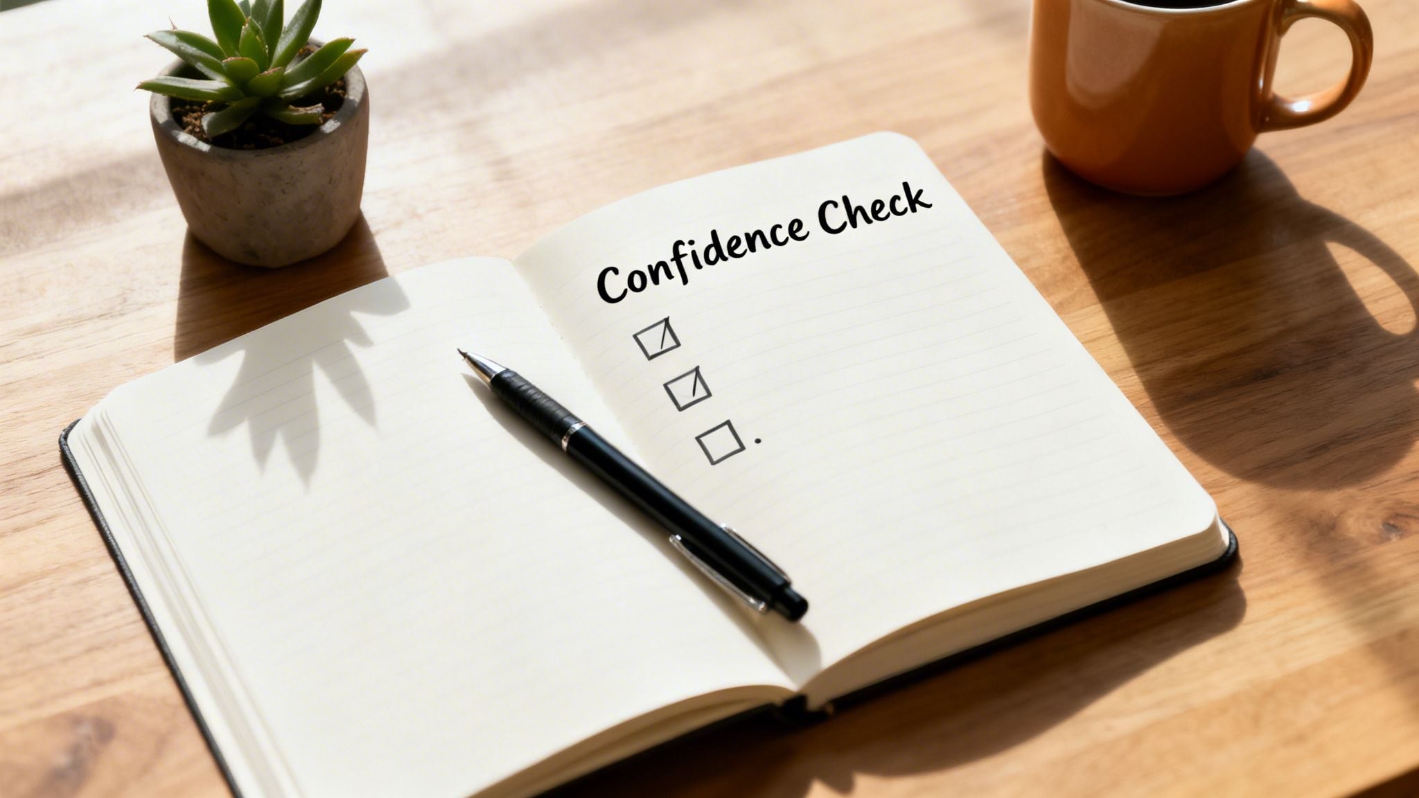 Open notebook on a wooden desk displays 'Confidence Check' checklist with a pen, plant, and coffee mug.