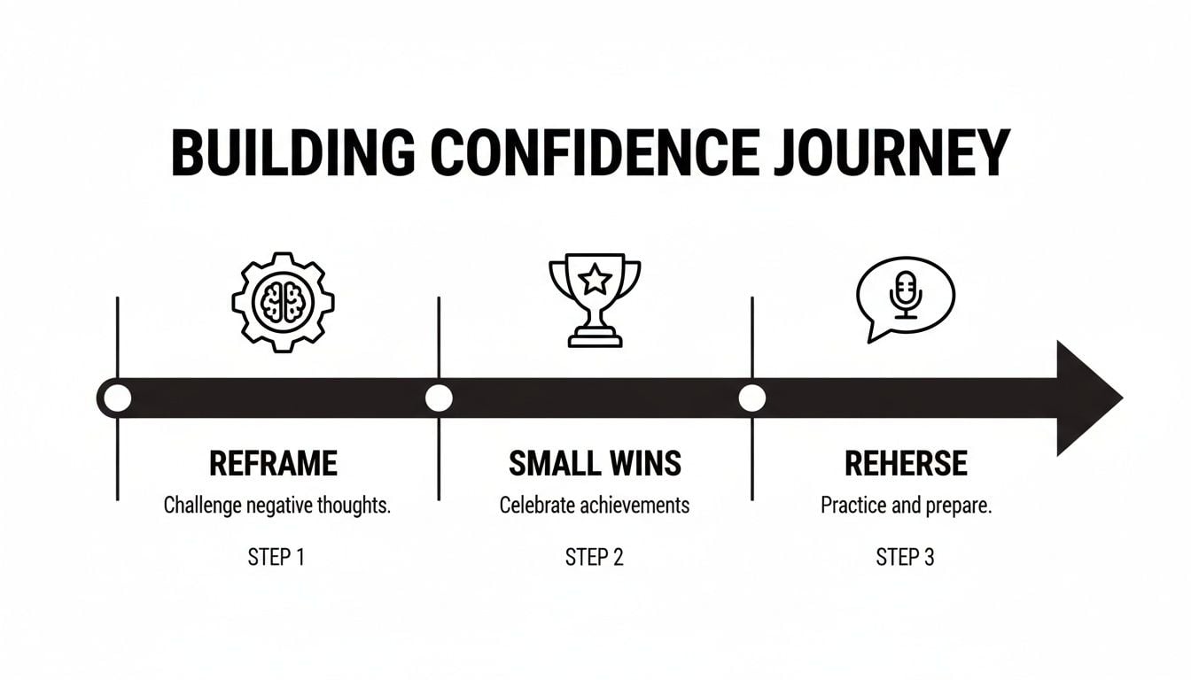 A horizontal timeline showing three steps to build confidence: Reframe, Small Wins, and Rehearse.