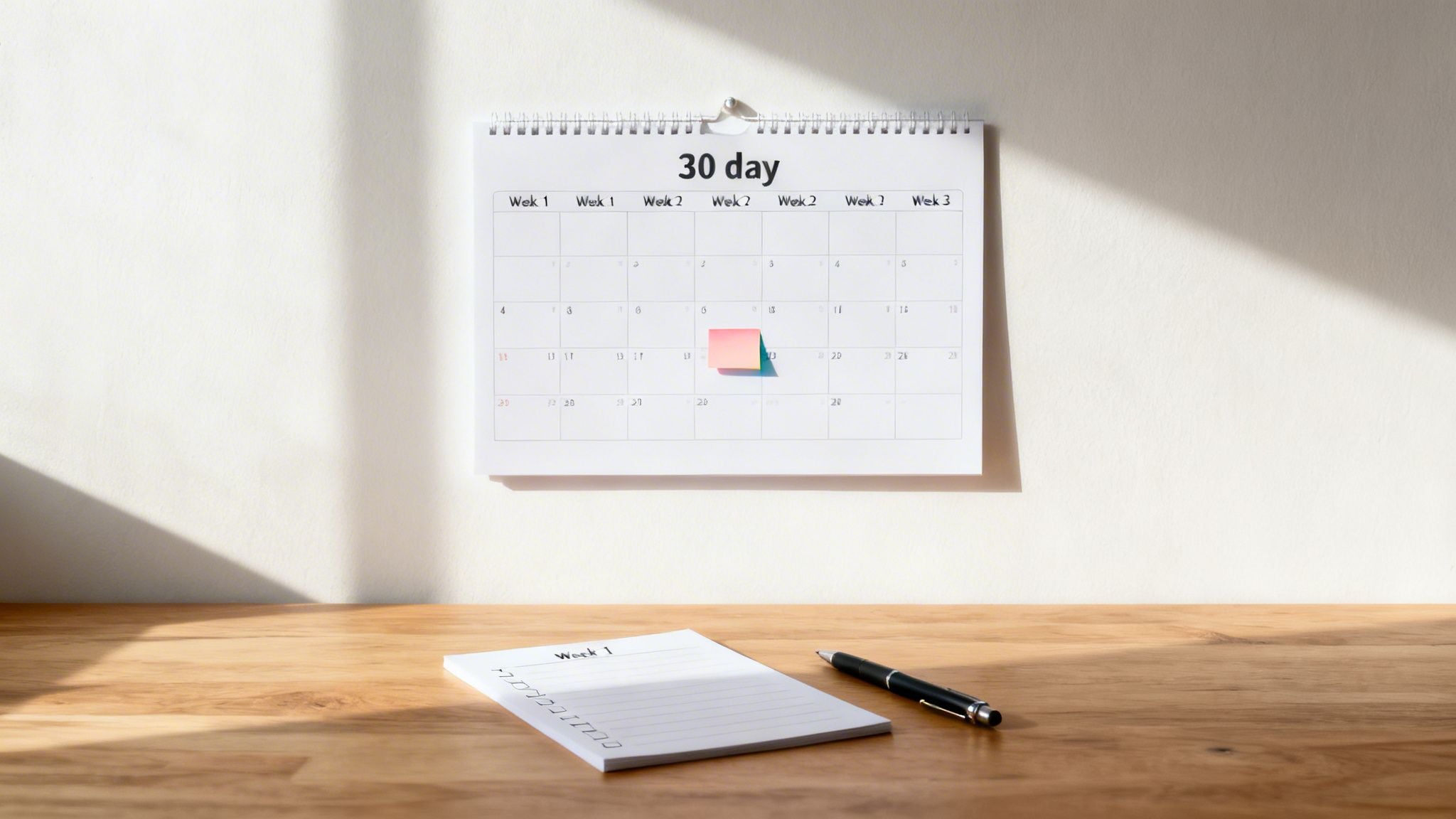A '30 day' calendar with a pink sticky note on a wall, above a wooden desk with a notepad and pen.