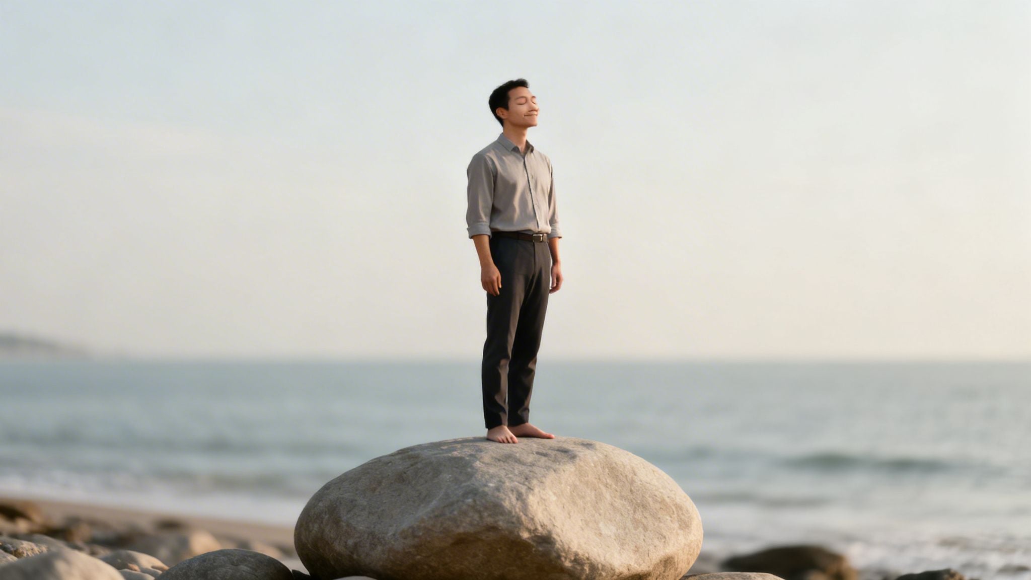 Young man standing barefoot on a beach rock, eyes closed, reflecting by the sea.