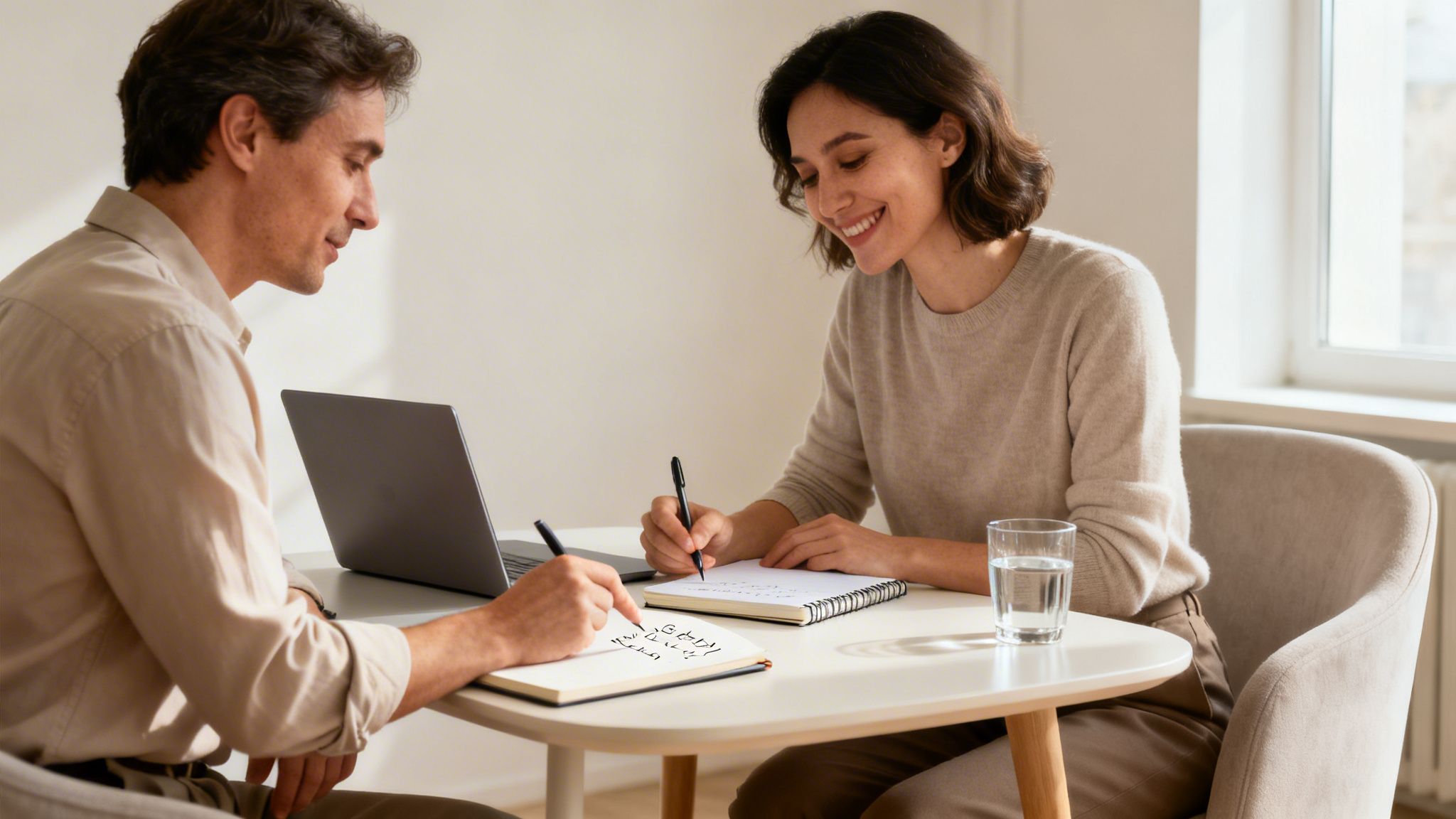 Two people, a man and a smiling woman, writing in notebooks during a coaching session.