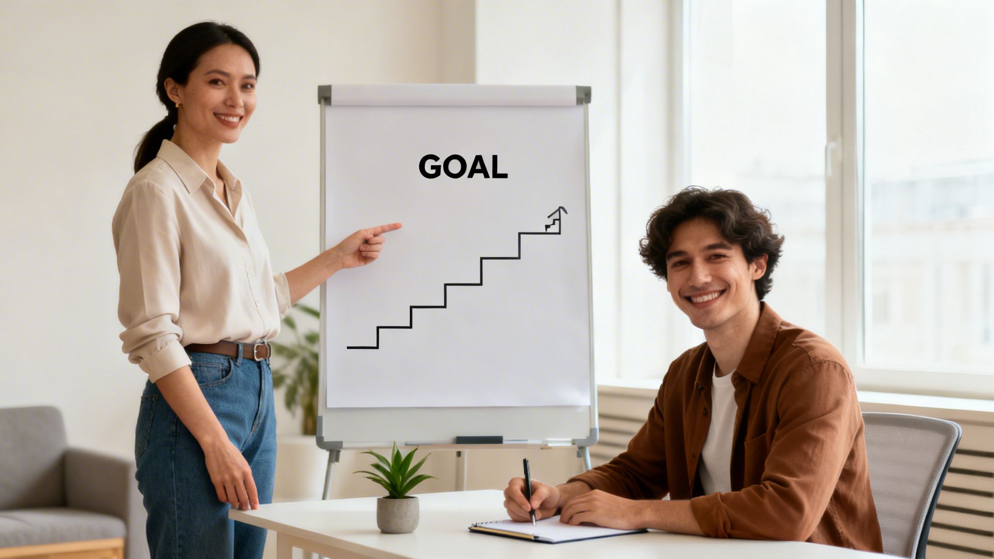 A smiling woman points to a flip chart with 'GOAL' and steps, while a man writes at a desk.