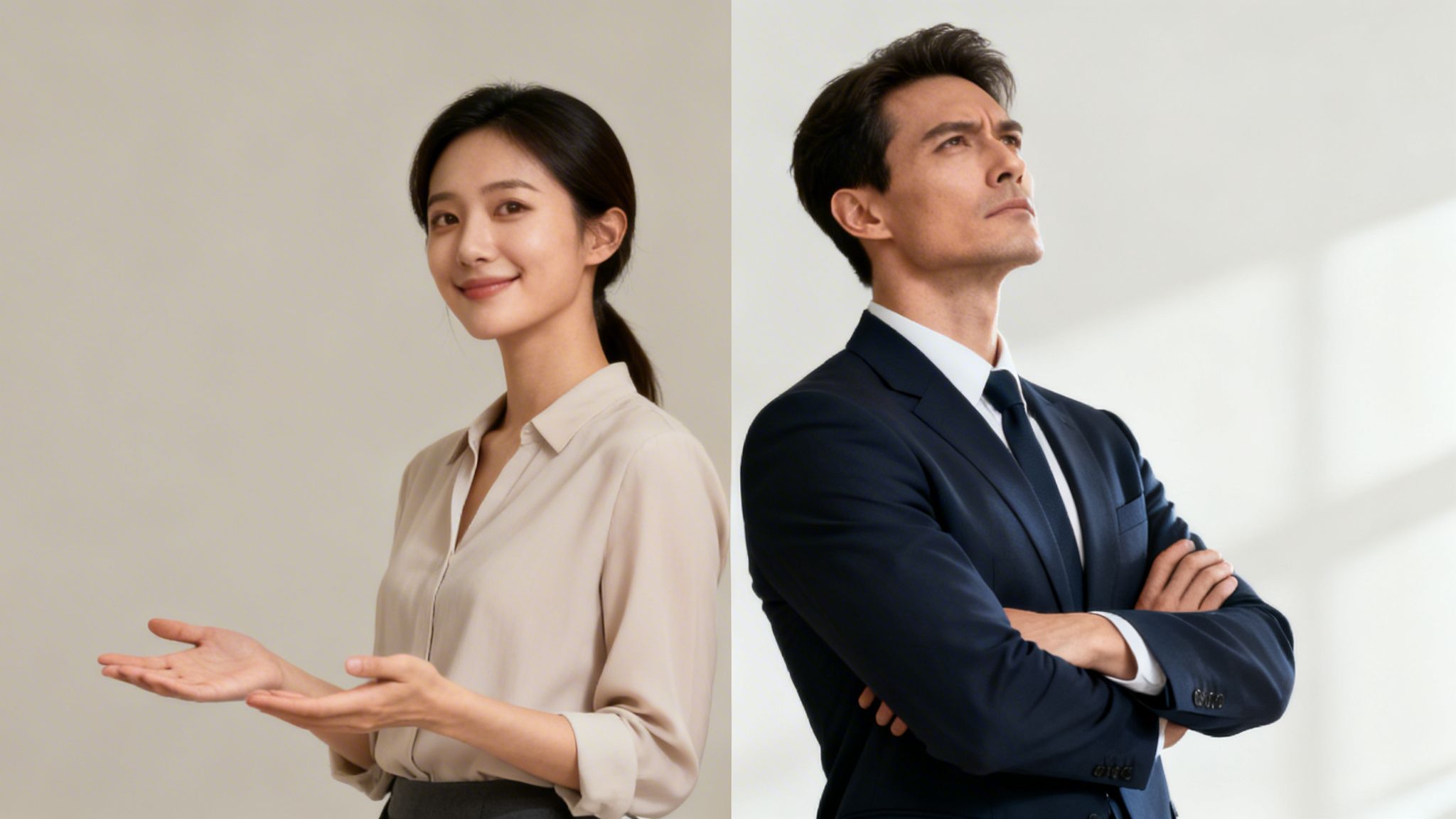 Two diverse professionals, a smiling woman and a thoughtful man, pose in business attire.