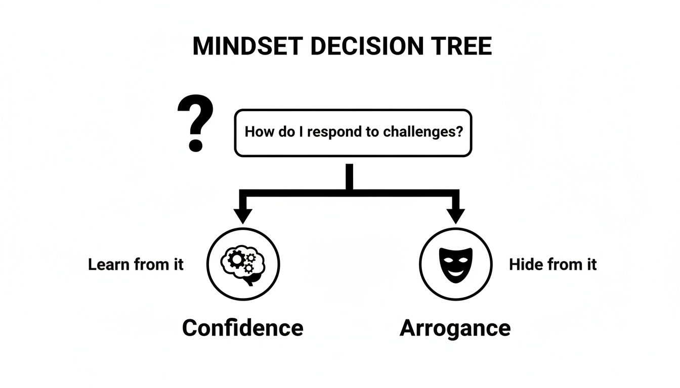 A mindset decision tree showing how responding to challenges by learning leads to confidence, while hiding leads to arrogance.