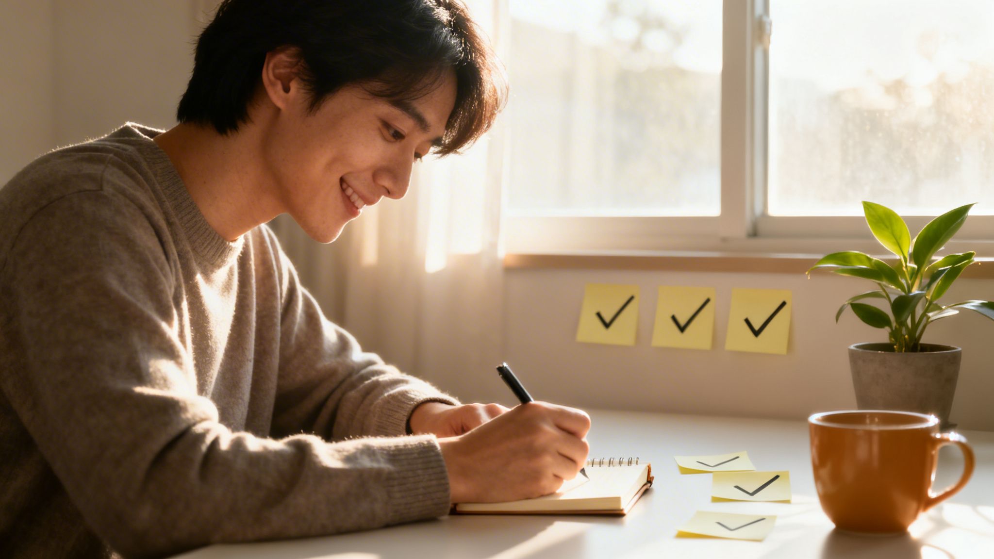 Smiling man writing in a notebook at a desk with checkmark sticky notes and a plant.