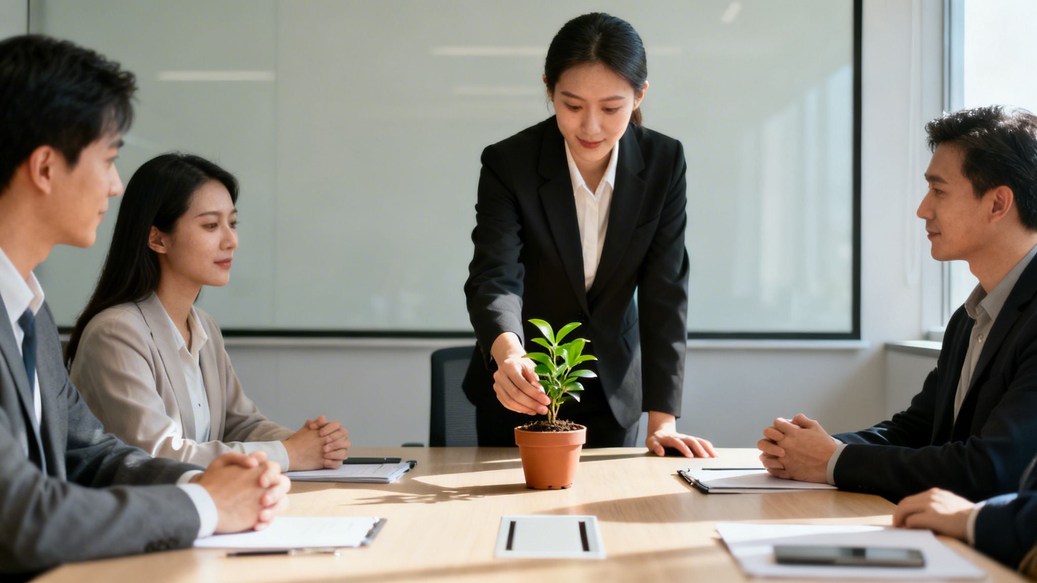 A businesswoman gently tends a small potted plant on a conference table with colleagues.