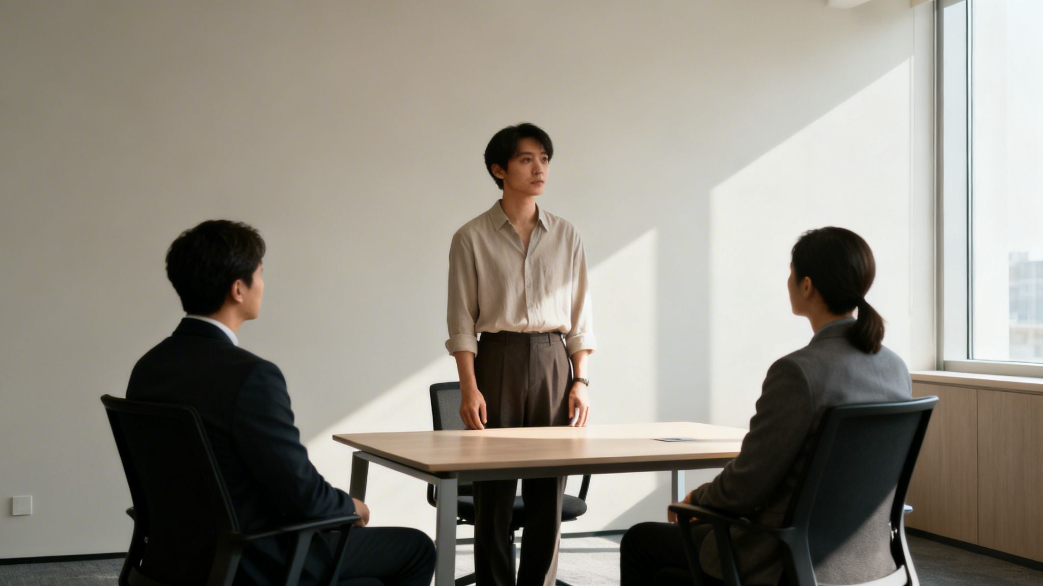 A young man stands before two seated individuals in a bright modern office.