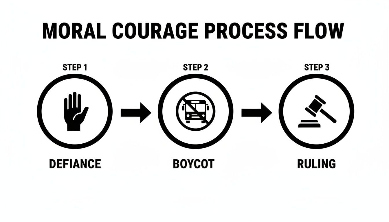 A three-step moral courage process flow diagram showing Defiance, Boycott, and Ruling.
