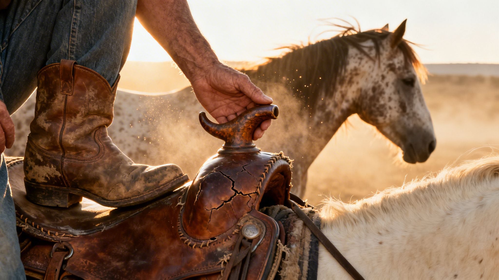 A cowboy's boot on a weathered leather saddle, hand on the horn, with horses in golden light.