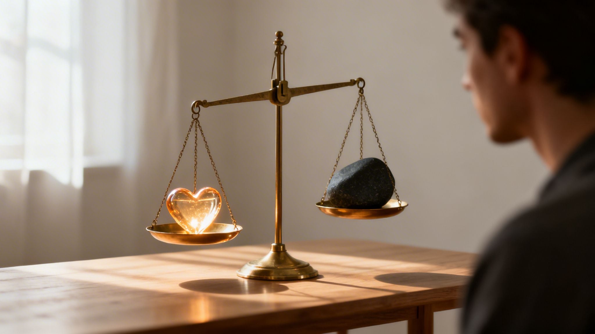 Golden scales on a table comparing a glowing heart and a dark stone, with a person observing.