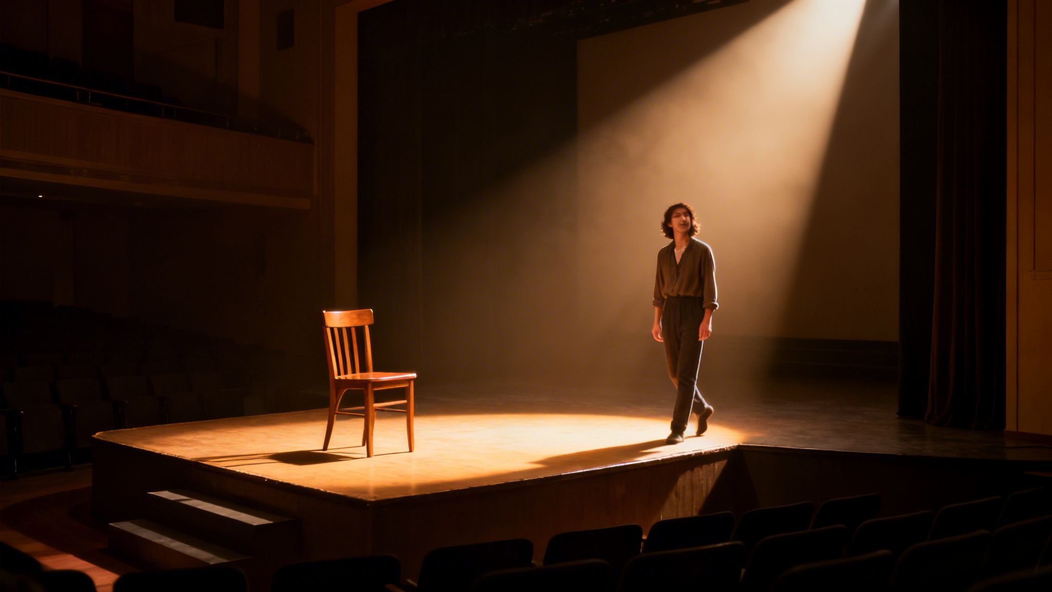 A person with curly hair walks on a theatre stage bathed in a single spotlight, a wooden chair rests nearby.