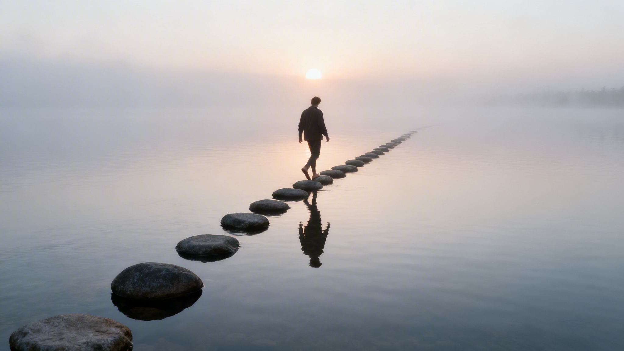 A lone figure walks on stepping stones over a serene, misty lake at sunrise or sunset.