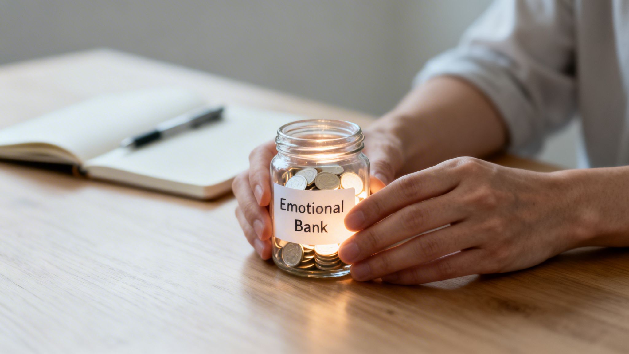 A person's hands gently hold a glass jar labeled 'Emotional Bank' filled with coins on a wooden desk.