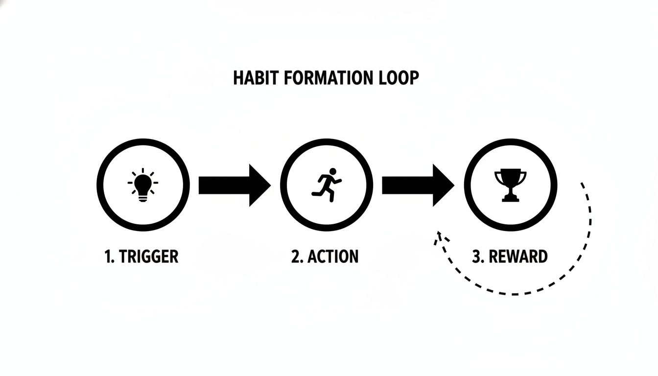 Diagram illustrating the habit formation loop with Trigger, Action, and Reward leading to habit formation.
