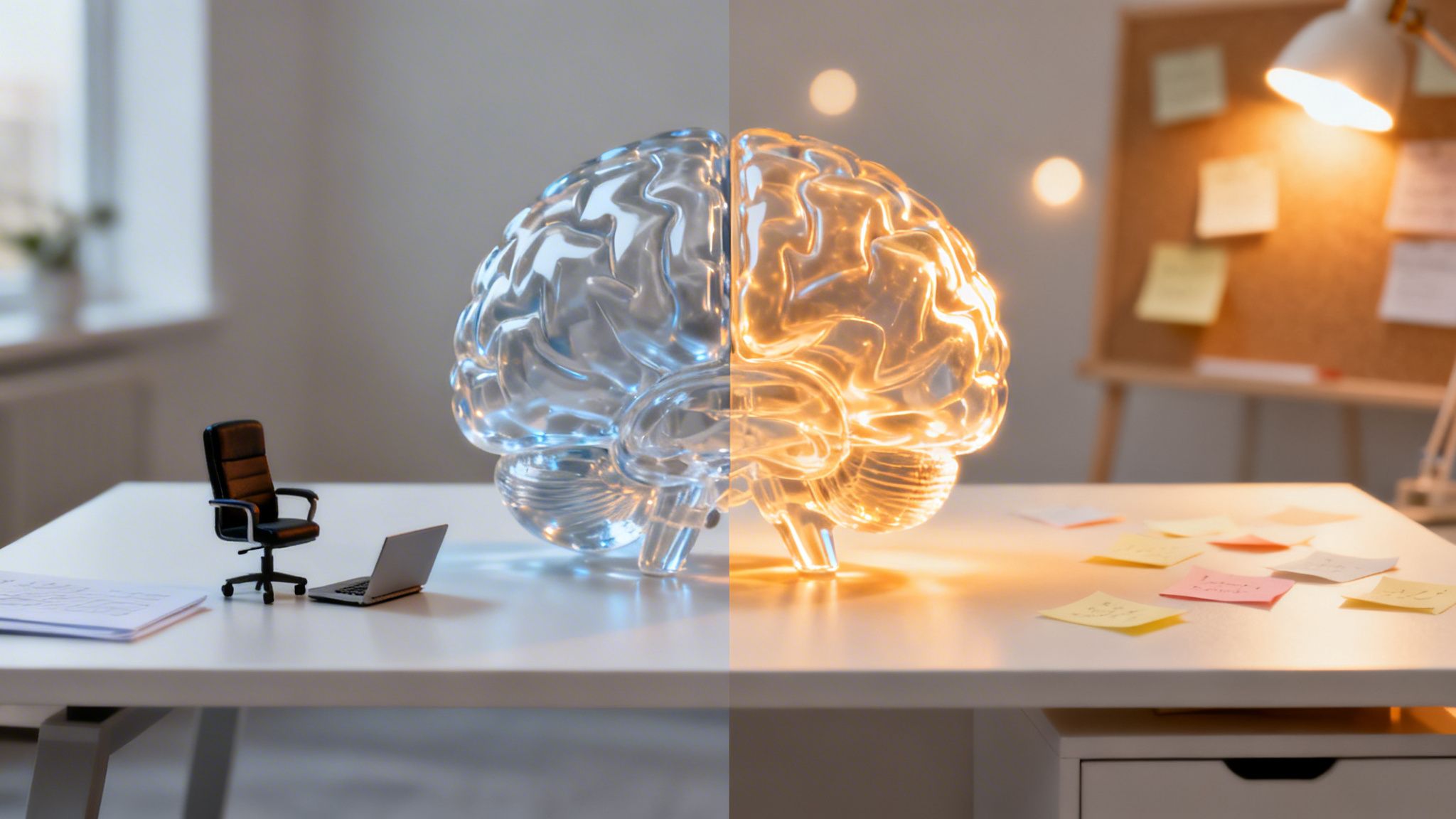 Human brain model on a desk, split into logical cool blue and creative warm orange halves.