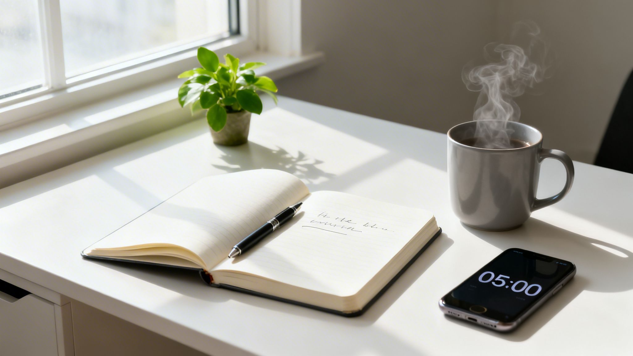 A bright desk setup with an open notebook, pen, steaming coffee, and a phone displaying 05:00.