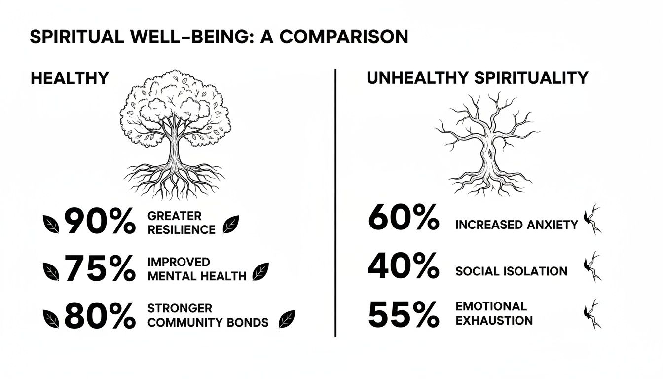Infographic comparing healthy spirituality benefits like resilience and mental health to unhealthy spirituality's negative effects.
