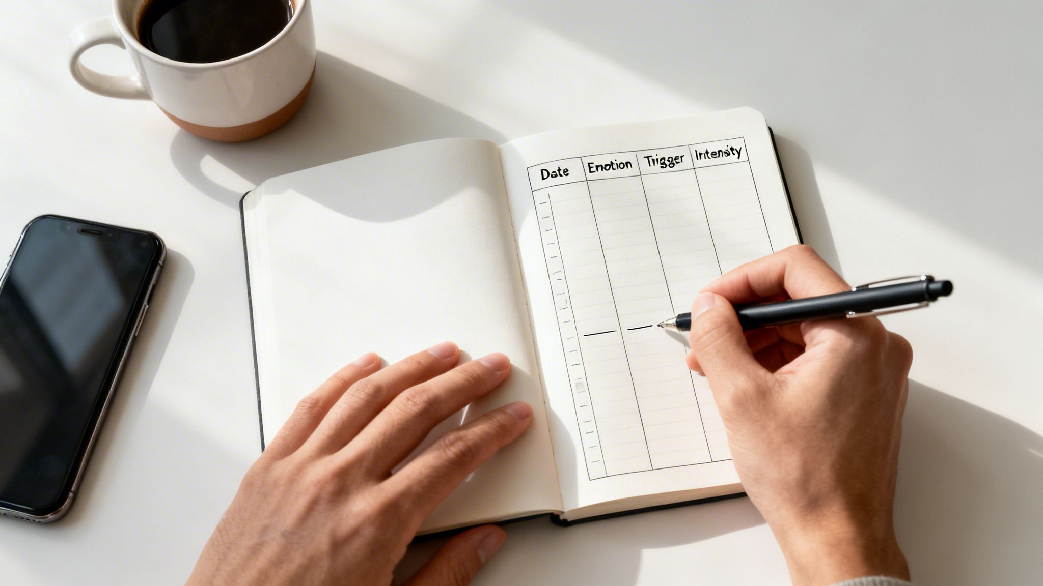 Close-up of hands writing in an emotion tracking notebook with coffee and a phone on a white desk.