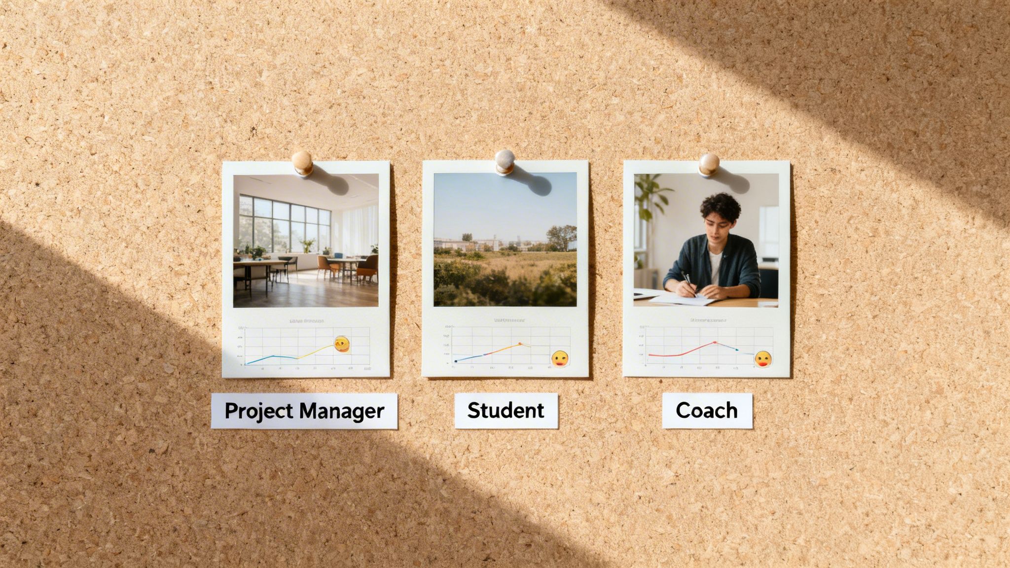 A cork board displays three polaroid photos pinned, each showing a role: Project Manager, Student, Coach.