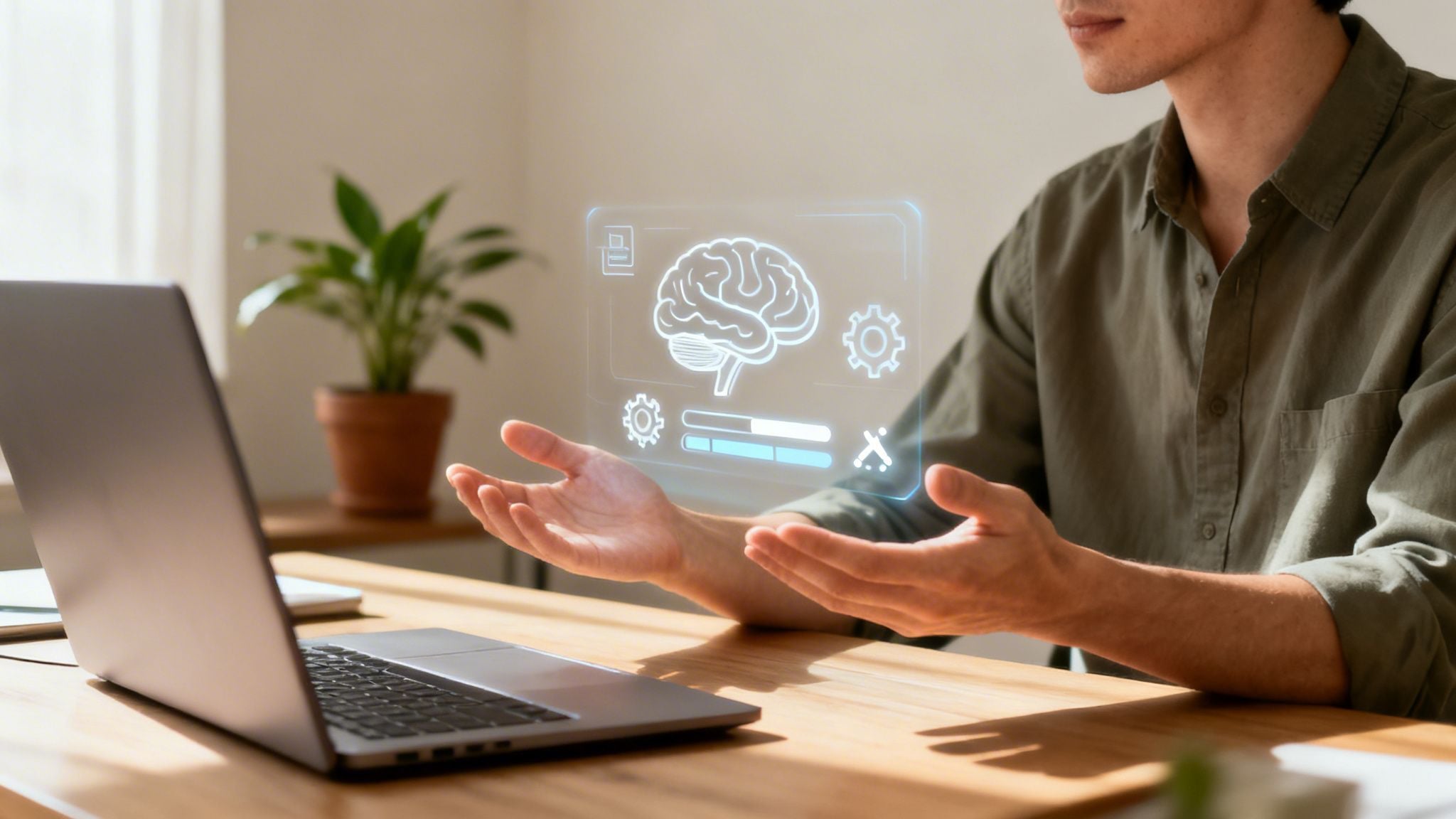A person interacts with a futuristic holographic brain interface, with a laptop nearby.
