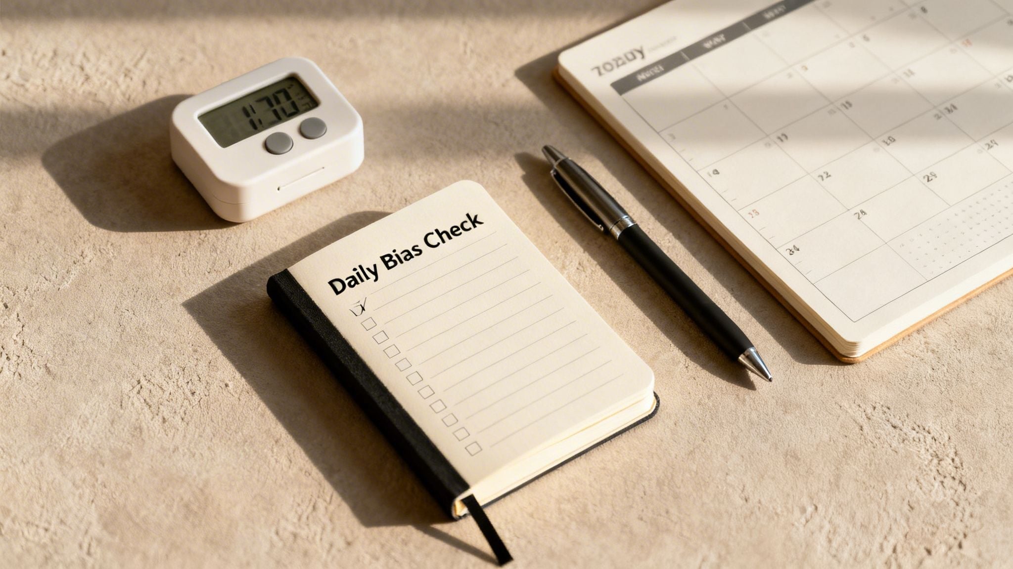 A desk flatlay showing a timer, a 'Daily Bias Check' notebook, a pen, and a calendar.