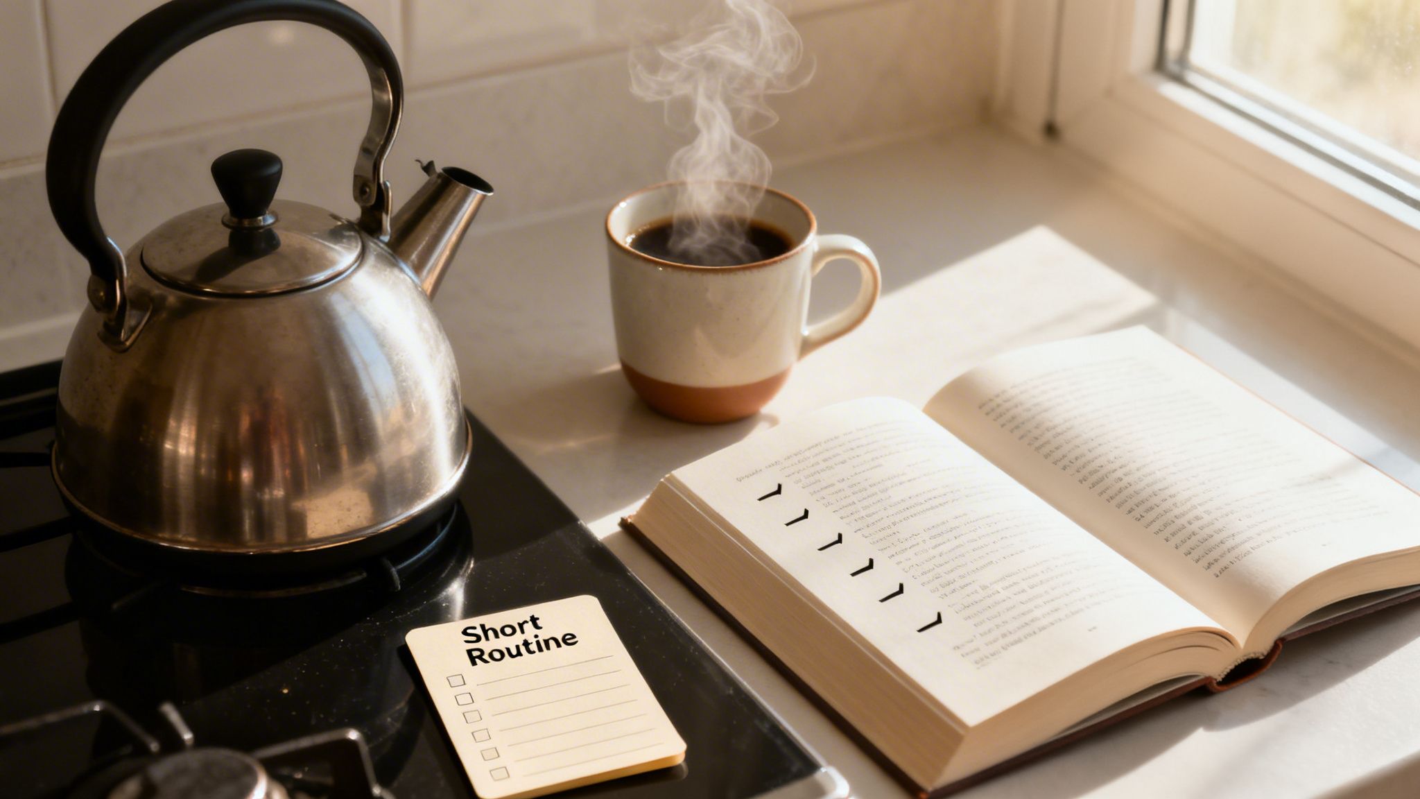 A kettle on a stove, a steaming coffee mug, an open book, and a 'Short Routine' checklist.