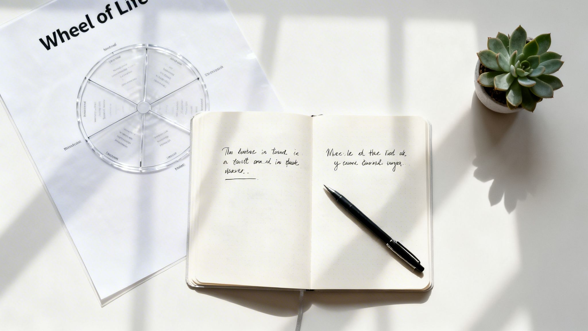 A white desk flat lay featuring a Wheel of Life diagram, an open notebook with a pen, and a succulent.