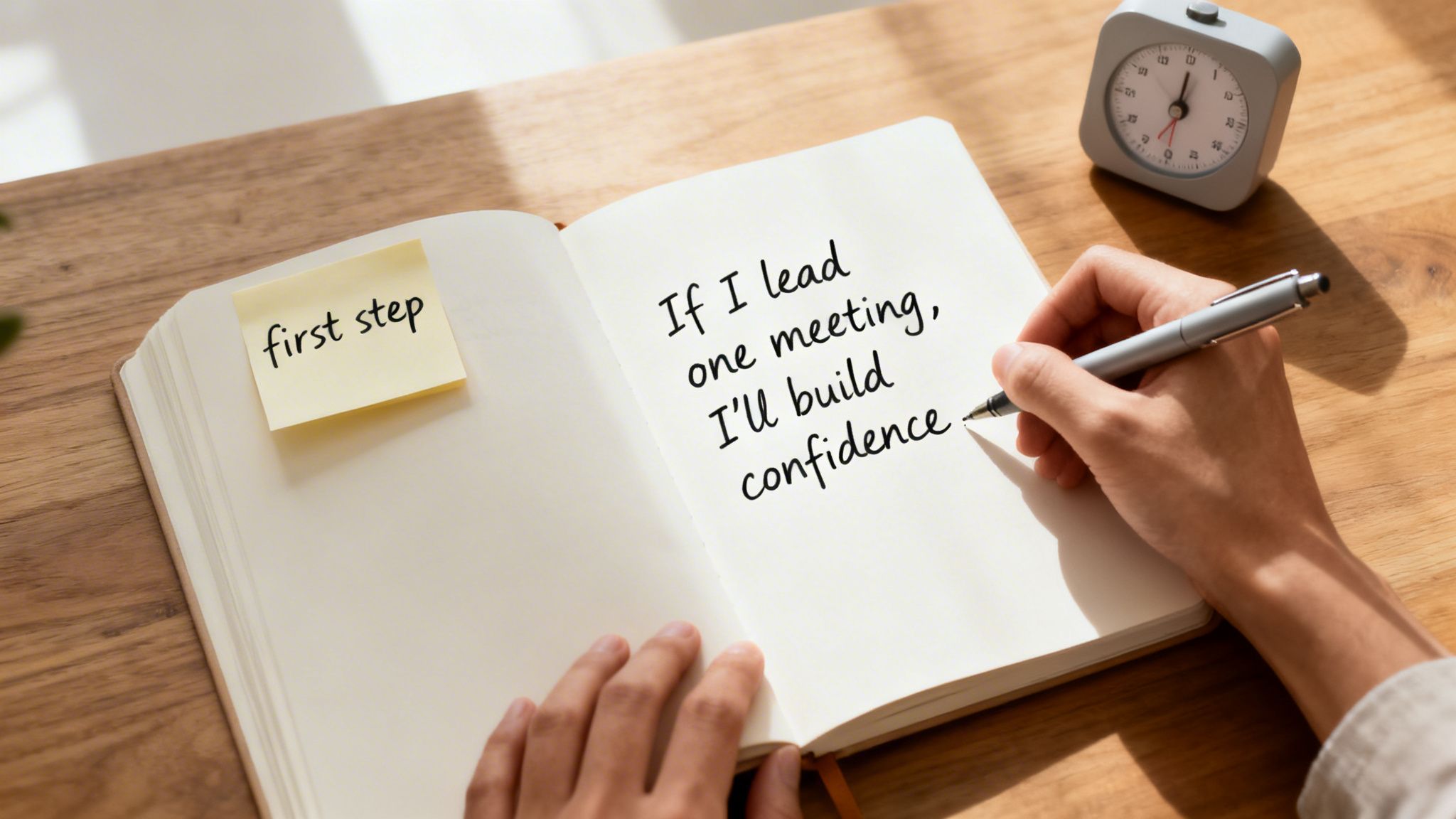 Hands writing a personal growth goal in a notebook with a 'first step' sticky note.